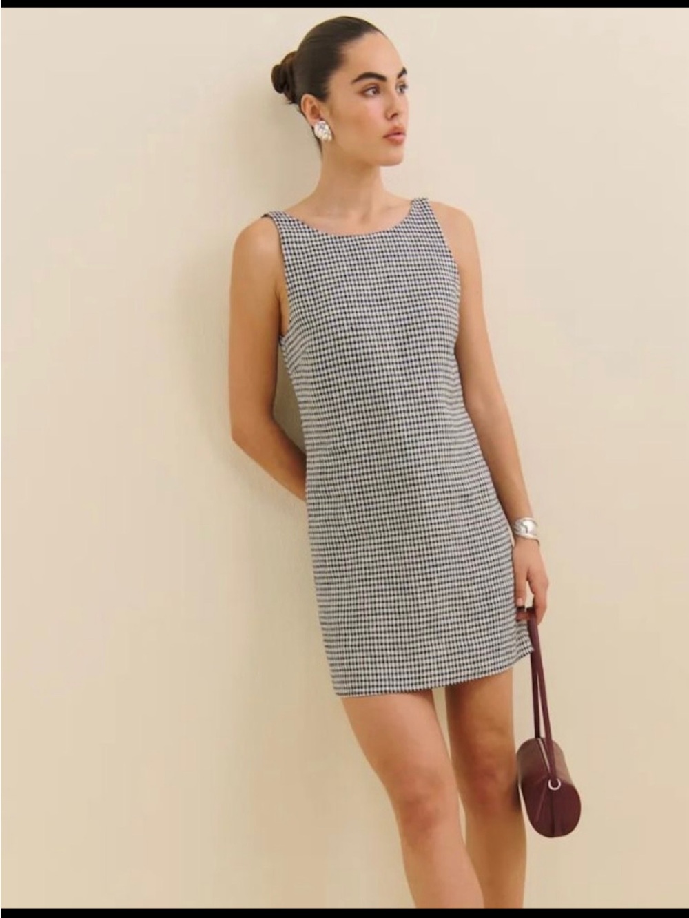 Reformation Black and White Houndstooth Backless Shift Dress